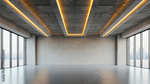 Modern minimalist empty room with large windows