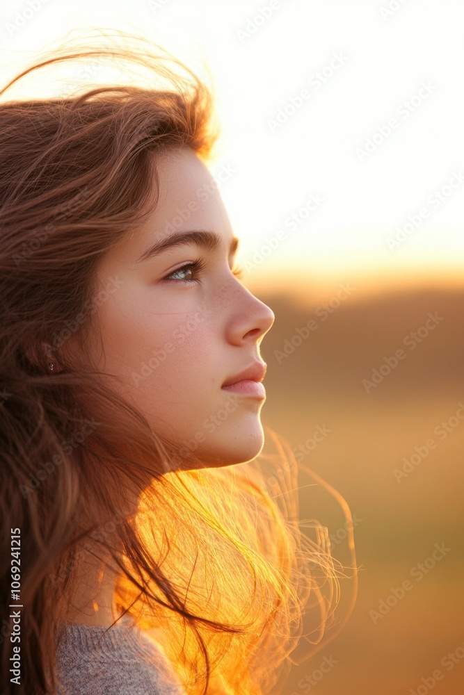 Thoughtful woman with windblown hair looking off into the distance at sunset Thoughtful woman with windblown hair looking off into the distance at sunset