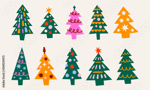 Cute cutout style Christmas trees vector illustration set. Hand drawn simple retro holidays tree graphic elements