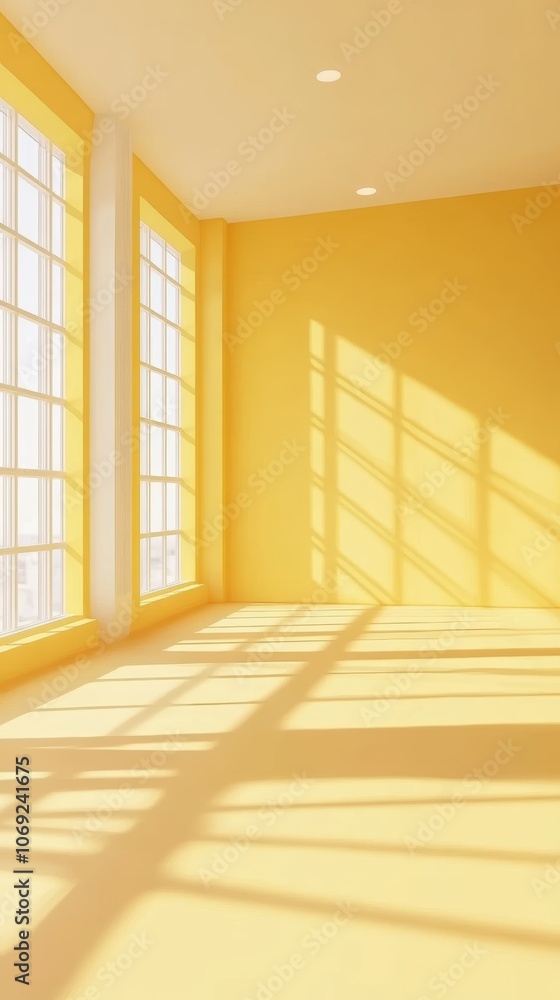 Obraz premium 明るい黄色の壁と大きな窓のある部屋で、昼間の日差しが差し込んでいる景色