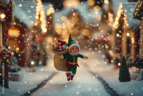 A joyful Christmas elf runs through a snowy village. He carries a bag filled with gifts and smiles in the festive atmosphere. This magical scene represents holiday cheer. Generative AI