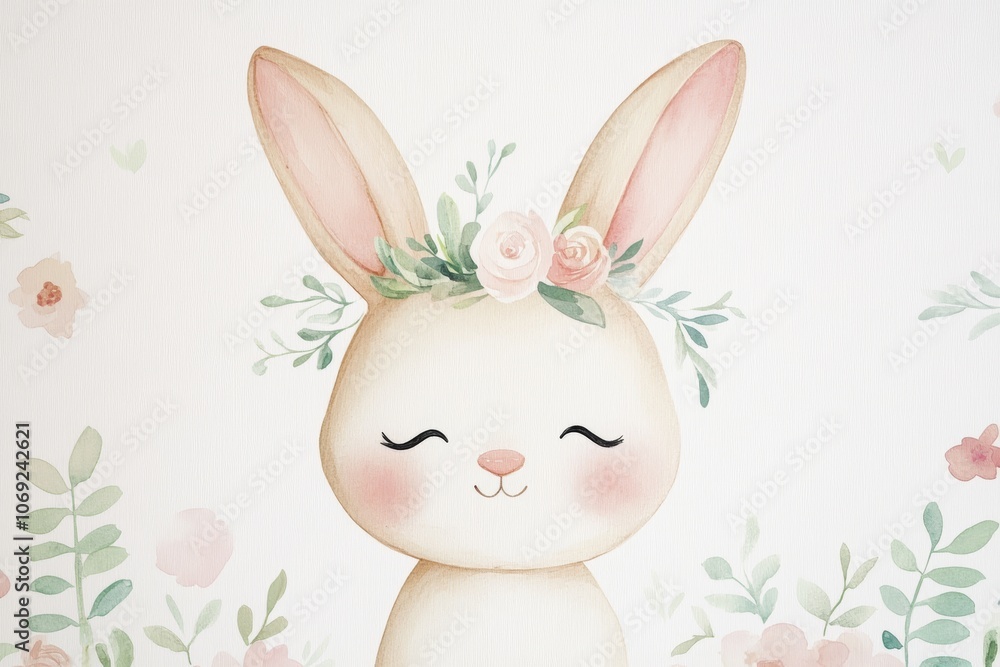 Obraz premium Charming Rabbit with Floral Headpiece in Pastel Colors. Watercolor Nursery Art.