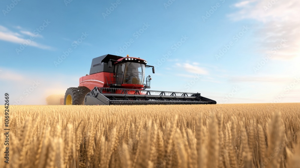 Fototapeta premium Combine harvester working in a golden wheat field under a blue sky
