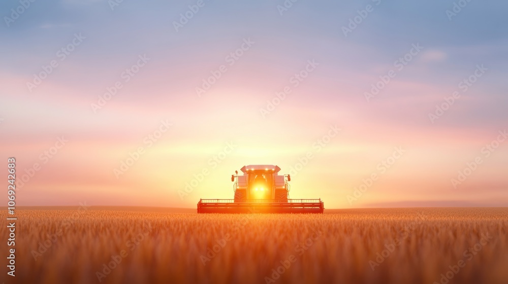Naklejka premium Combine harvester working in golden wheat field at sunset