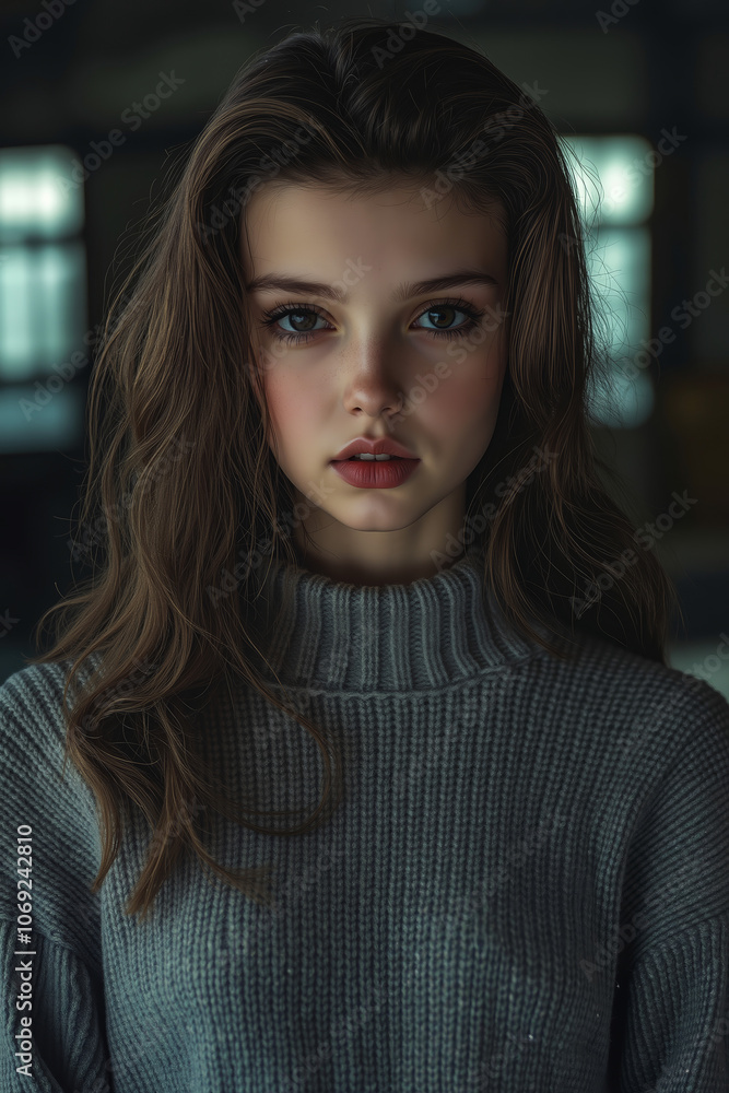 A woman in a gray sweater is looking at the camera A woman in a gray sweater is looking at the camera