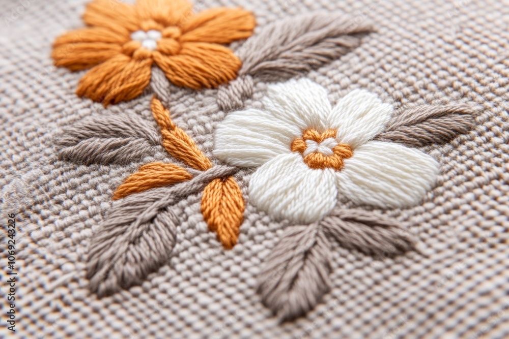 Finnish-inspired floral embroidery featuring intricate designs in warm tones with a symmetrical layout Finnish-inspired floral embroidery featuring intricate designs in warm tones with a symmetrical layout