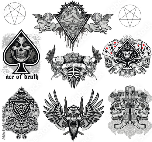 set, gothic sign with skull, grunge vintage design t shirts