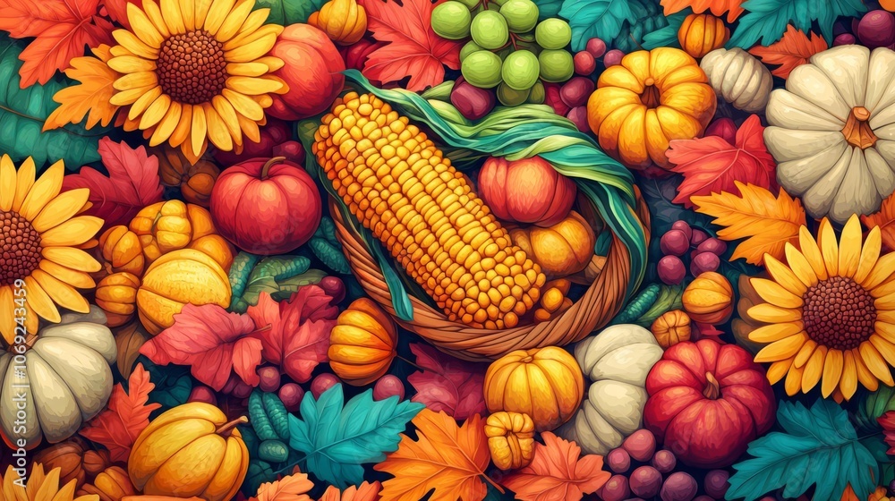 A vibrant autumn arrangement of pumpkins, corn, sunflowers, and colorful leaves, perfect for seasonal decor and harvest themes.