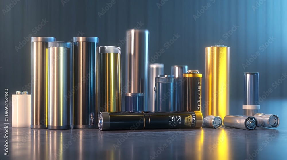 Obraz premium Group of alkaline, li-ion, and rechargeable batteries rendered in 3D. 