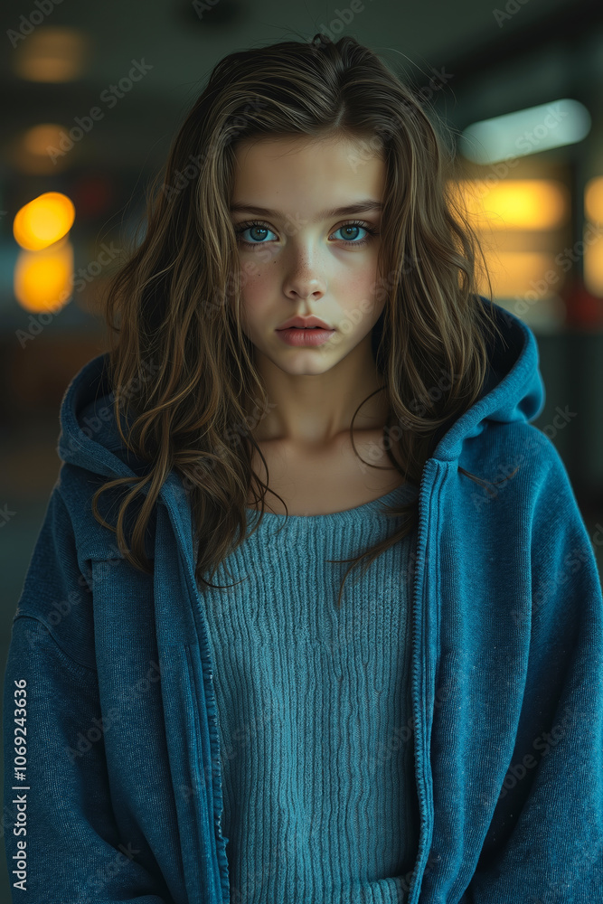 A young girl in a blue sweater and a blue hoodie A young girl in a blue sweater and a blue hoodie
