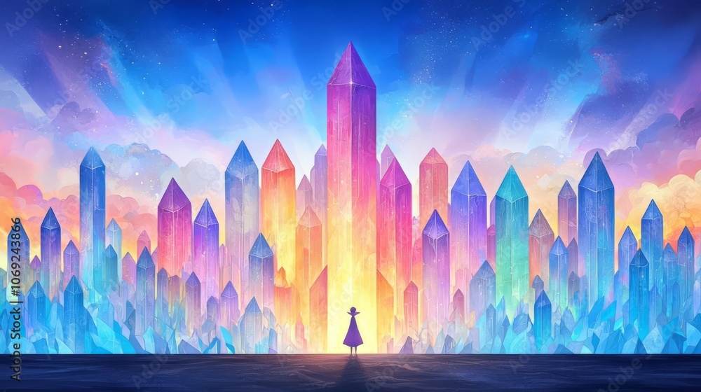 A vibrant landscape of colorful crystals against a glowing sunset, evoking magic and creativity in a fantastical setting. A vibrant landscape of colorful crystals against a glowing sunset, evoking magic and creativity in a fantastical setting.