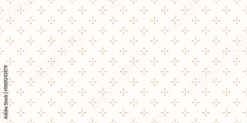 Golden vector seamless pattern with small shiny star shapes, crosses, floral silhouettes, snowflakes. Simple minimalist geometric background. Abstract minimal gold and white texture. Repeating design