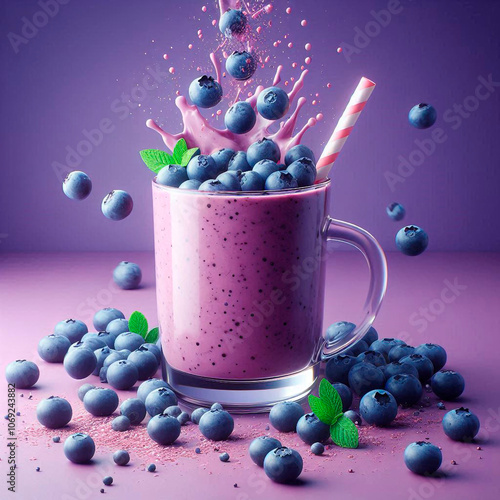 Purple blueberry smoothie in a transparent glass on a purple background.