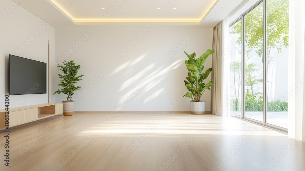 Modern Empty Living Room with Indoor Plants and Light Modern Empty Living Room with Indoor Plants and Light