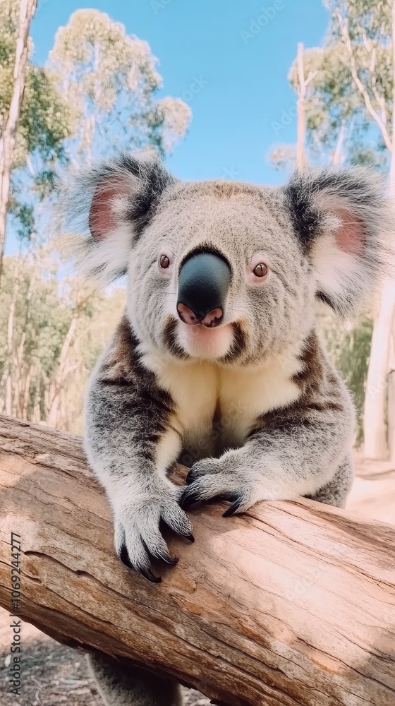 Obraz premium Captivating close-up of a koala in its natural habitat showcasing gentle nature and vibrant surroundings beneath the Australian sun