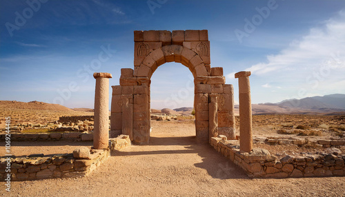 Old arch with crumbling pillars, portal to hidden world. Ancient carvings and mystical energy