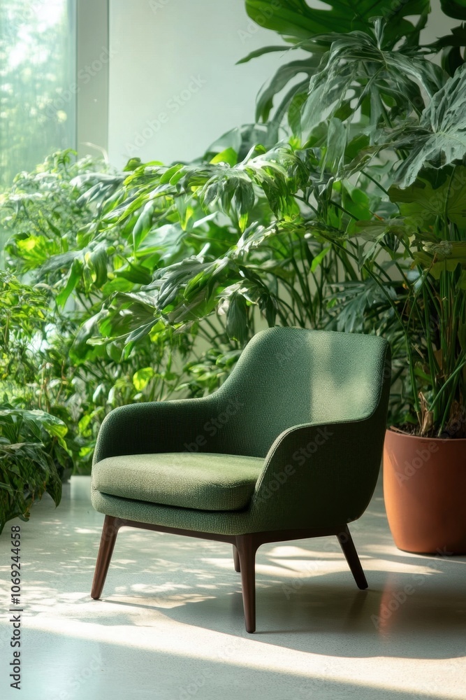 Cozy green armchair in a lush indoor plant environment Cozy green armchair in a lush indoor plant environment