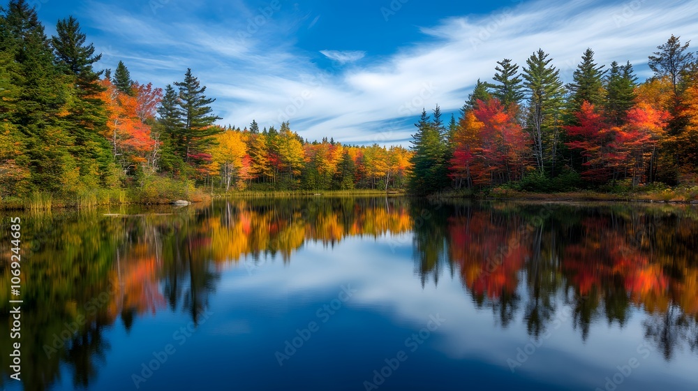 Serene lake encircled by vibrant autumn trees, their colorful reflections perfectly mirrored in the still water. The scene epitomizes tranquility and the beauty of fall. Serene lake encircled by vibrant autumn trees, their colorful reflections perfectly mirrored in the still water. The scene epitomizes tranquility and the beauty of fall.