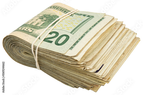 20$ bills. Stack of twenty American bills. Cash wad roll. Money rolled in half with rubber band. Green USA bank notes. USD banking saving. Paper money note. Business success. Rich. Isolated background