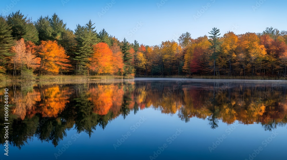 Serene lake encircled by vibrant autumn trees, their colorful reflections perfectly mirrored in the still water. The scene epitomizes tranquility and the beauty of fall. Serene lake encircled by vibrant autumn trees, their colorful reflections perfectly mirrored in the still water. The scene epitomizes tranquility and the beauty of fall.
