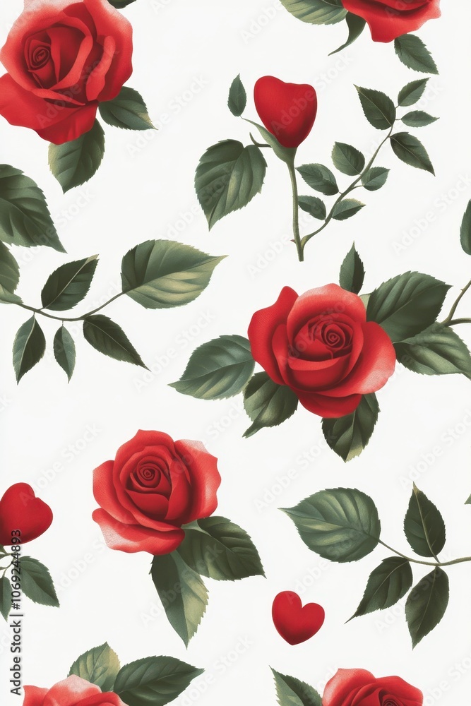 Vibrant red roses and heart-shaped leaves create a romantic floral pattern Vibrant red roses and heart-shaped leaves create a romantic floral pattern