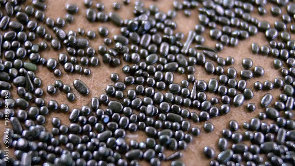 Black smokeless gunpowder: Close up of silver granules of black smokeless gunpowder. Black smokeless gunpowder: Close up of silver granules of black smokeless gunpowder.