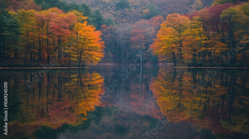 Serene lake encircled by vibrant autumn trees, their colorful reflections perfectly mirrored in the still water. The scene epitomizes tranquility and the beauty of fall. photo