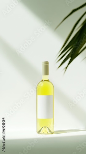 a bottle of white wine against a blurred green background