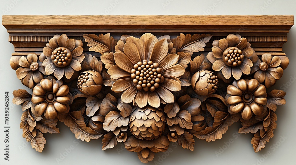 Ornate wooden carved floral design with detailed leaves and flowers, perfect for interior design and architecture. Ornate wooden carved floral design with detailed leaves and flowers, perfect for interior design and architecture.