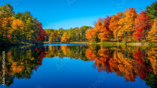 Fototapeta Naklejka Na Ścianę i Meble -  Serene lake encircled by vibrant autumn trees, their colorful reflections perfectly mirrored in the still water. The scene epitomizes tranquility and the beauty of fall.