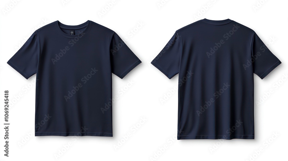 Blank navy blue T-shirt mockup on white background in front and back Blank navy blue T-shirt mockup on white background in front and back