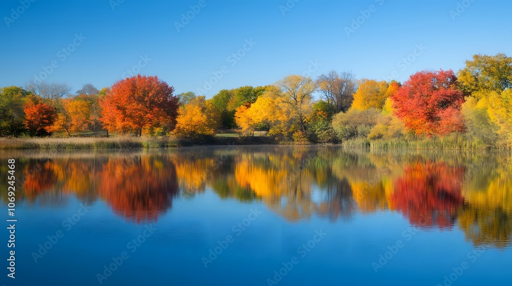 Serene lake encircled by vibrant autumn trees, their colorful reflections perfectly mirrored in the still water. The scene epitomizes tranquility and the beauty of fall. Serene lake encircled by vibrant autumn trees, their colorful reflections perfectly mirrored in the still water. The scene epitomizes tranquility and the beauty of fall.