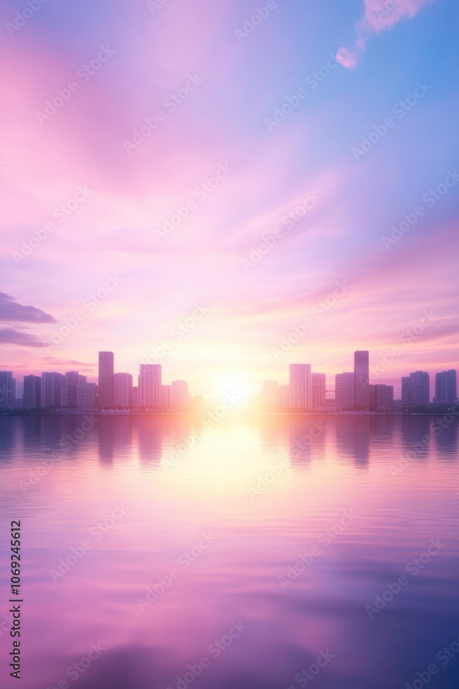 Fototapeta premium Vibrant cityscape at sunset with reflection in water