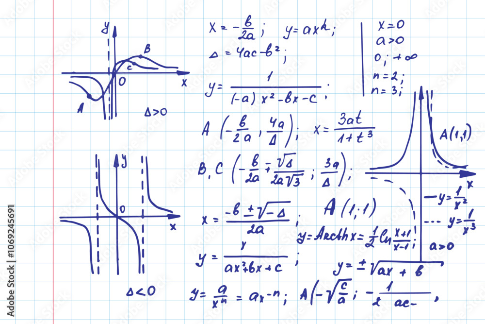 Vintage scientific and educational background. Mathematical  law theory, outlines and formula equation on notebook page. Vector hand-drawn illustration.