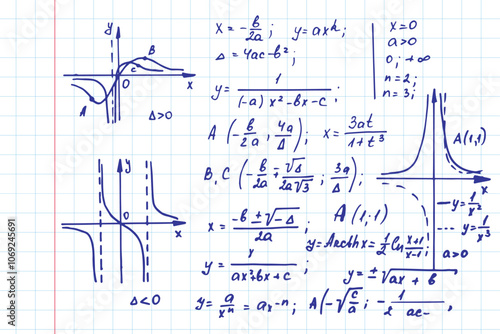 Vintage scientific and educational background. Mathematical  law theory, outlines and formula equation on notebook page. Vector hand-drawn illustration.