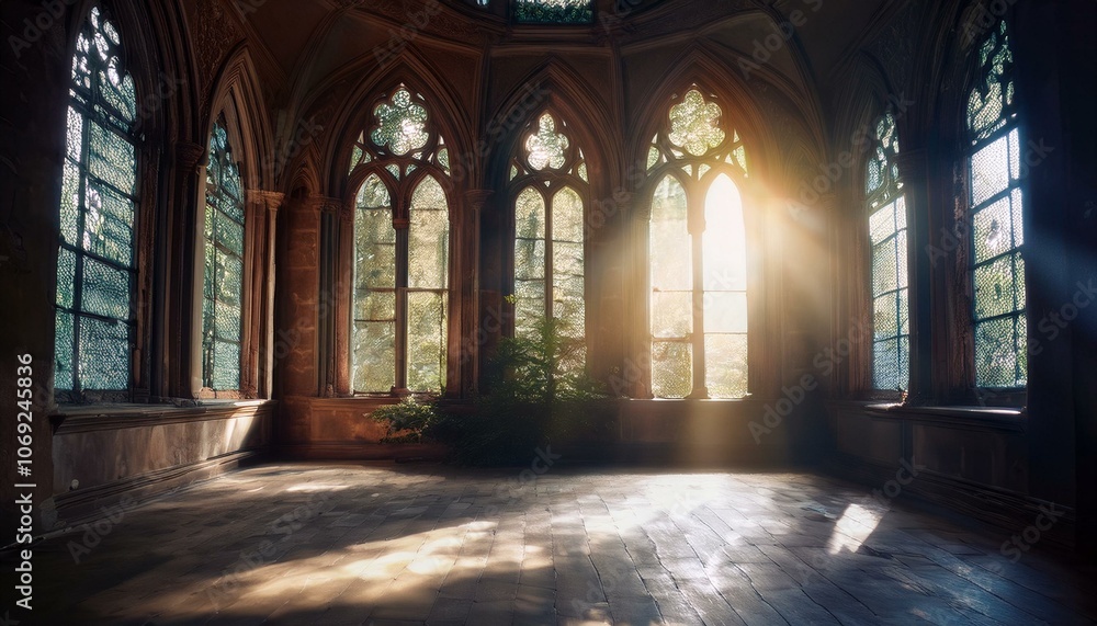 Rayos de luz brillante que atraviesan las ventanas de un antigua igllesia abandonada Hermosa iglesia medieval Rayos de luz brillante que atraviesan las ventanas de un antigua igllesia abandonada Hermosa iglesia medieval