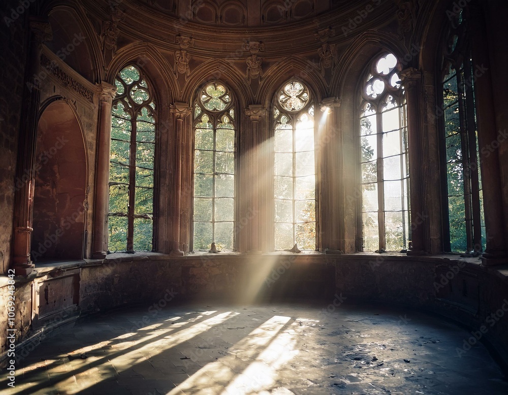 Obraz premium Rayos de luz brillante que atraviesan las ventanas de un antigua igllesia abandonada Hermosa iglesia medieval