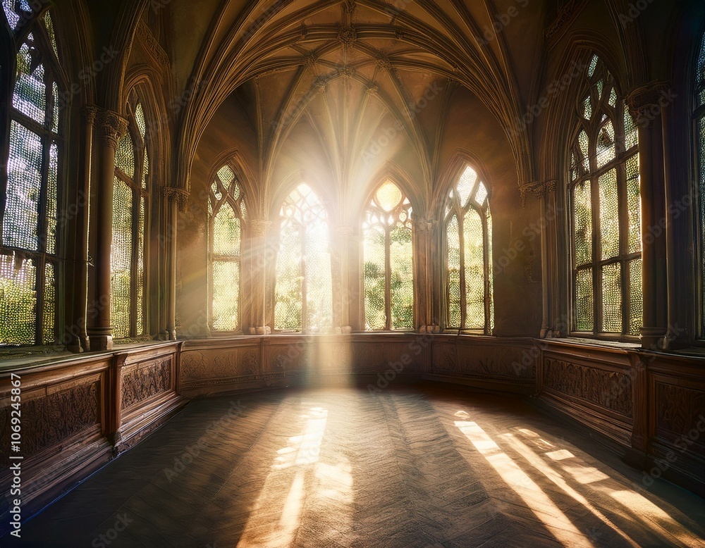 Obraz premium Rayos de luz brillante que atraviesan las ventanas de un antigua igllesia abandonada Hermosa iglesia medieval