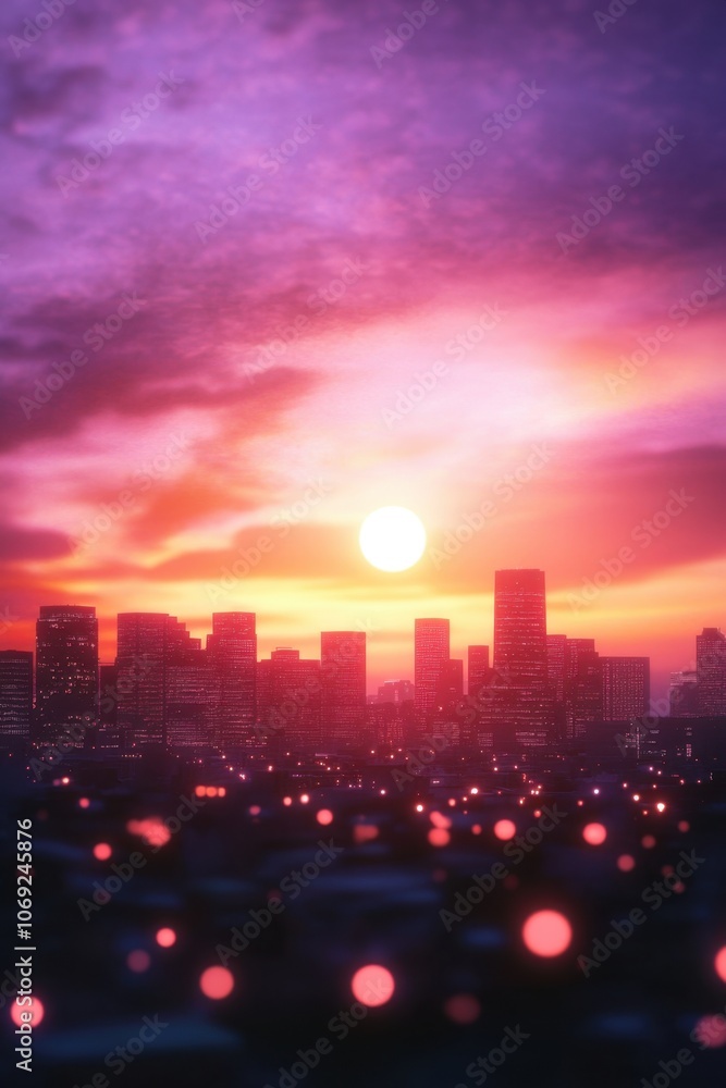 Fototapeta premium Vibrant sunset over a modern city skyline