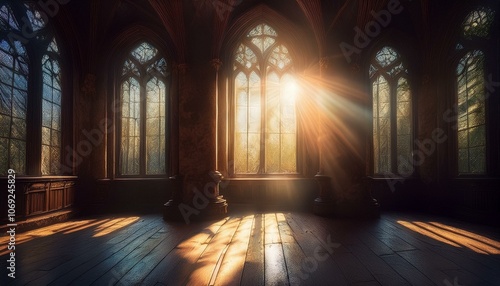 Rayos de luz brillante que atraviesan las ventanas de un antigua igllesia abandonada Hermosa iglesia medieval