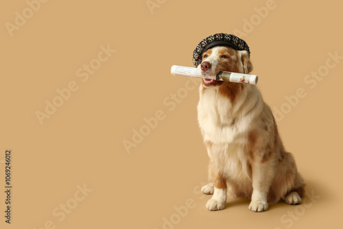 Cute Australian Shepherd dog in hat with newspaper sitting on beige background photo