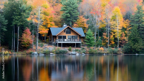 Serene lakeside cabin nestled in a dense forest, with a calm lake mirroring the vibrant autumn colors of the surrounding trees, offering a peaceful retreat.