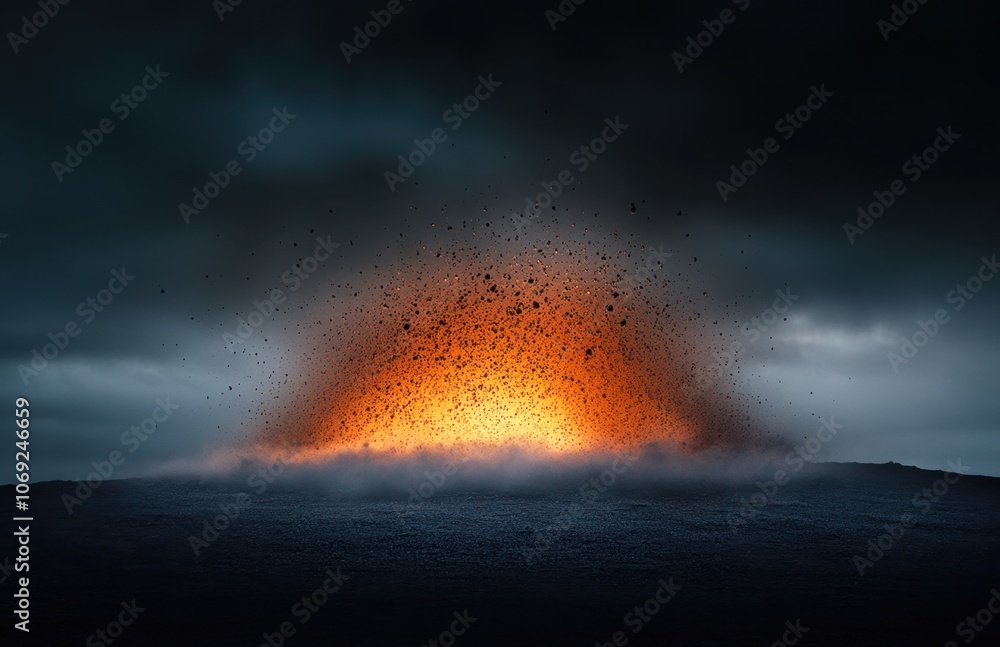 Dramatic volcanic eruption with fiery lava and ash cloud in the night sky Dramatic volcanic eruption with fiery lava and ash cloud in the night sky