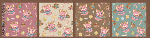 Cozy collection of seamless patterns with animals on a background of pastel colors. Cheerful funny dressed pigs in Christmas sweaters with a cup of cocoa and sweets