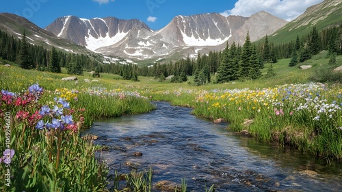 Serene mountain meadow adorned with blooming wildflowers, a clear blue stream meandering through, and majestic snow-capped peaks rising in the background