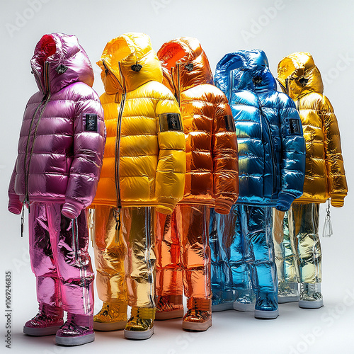 ashionable Set of colorful, bioluminescent clothing down jacket photo