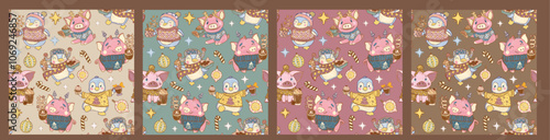 Cozy collection of seamless patterns with animals on a background of pastel colors. Cheerful funny dressed pigs and penguins in Christmas sweaters with a cup of cocoa and sweets