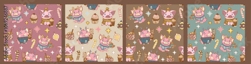 Cozy collection of seamless patterns with animals on a background of pastel colors. Cheerful funny dressed pigs in Christmas sweaters with a cup of cocoa and sweets