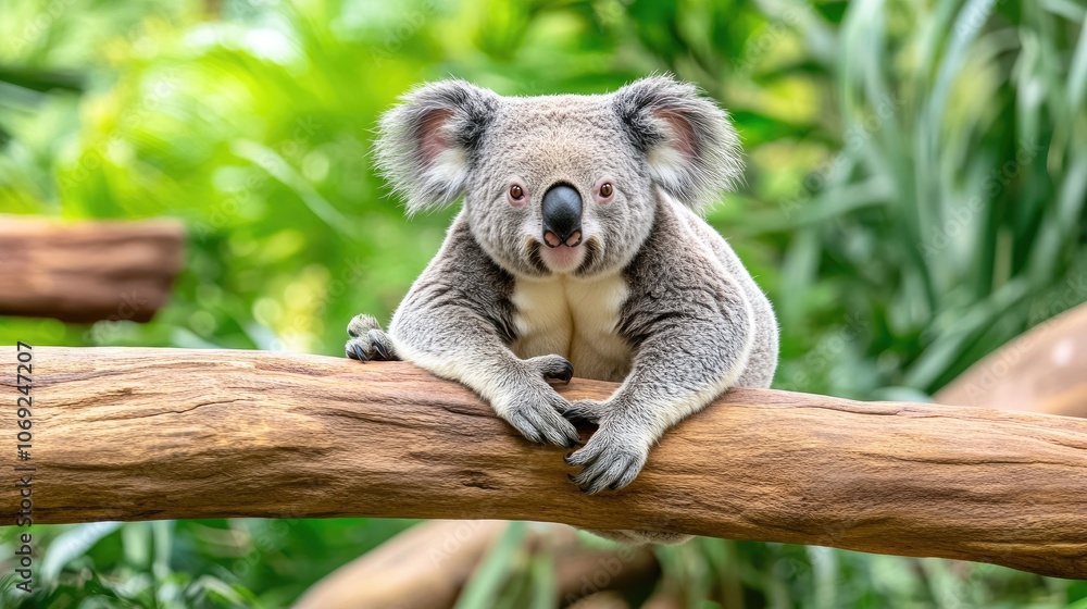 Fototapeta premium A gentle koala resting on a branch amidst vibrant foliage captured at ground level in natural lighting