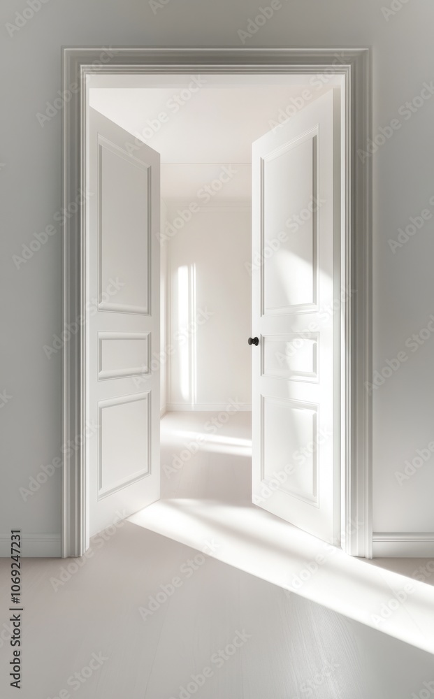 Bright and airy interior with open white doors Bright and airy interior with open white doors